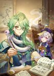 1boy 1girl :o baizhu_(genshin_impact) book calligraphy_brush changsheng_(genshin_impact) commentary_request dongxu dress genshin_impact glasses green_hair hair_between_eyes hat highres holding holding_calligraphy_brush holding_paintbrush indoors long_sleeves looking_at_another looking_at_viewer ofuda ofuda_on_head open_book paintbrush paper parted_lips purple_dress purple_eyes purple_hair purple_hat qingdai_guanmao qiqi_(genshin_impact) snake snake_wrapped_around_neck tassel white_snake yellow_eyes 
