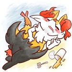 1:1 2022 after_eating ambiguous_anthro ambiguous_gender annyui0611 anthro belly biped bodily_fluids braixen canid container cup cutlery digital_drawing_(artwork) digital_media_(artwork) digitigrade dipstick_tail drooling dutch_angle eyes_closed featureless_crotch food food_on_face fork front_view full-length_portrait generation_6_pokemon hand_on_belly hi_res japanese_description kitchen_utensils lying mammal markings nintendo object_in_tail on_side open_mouth pokemon pokemon_(species) portrait saliva shrimp_(food) simple_background sleeping snout solo tail tail_markings tools translated_description