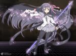  akemi_homura black_hair bow bow_(weapon) high_heels highres kimura_shigetaka kyubey long_hair magical_girl mahou_shoujo_madoka_magica pantyhose purple_eyes ribbon shoes skirt sparkle very_long_hair weapon 