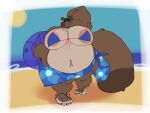4:3 animal_crossing anthro beach belly big_belly big_moobs bikini bikini_top brown_body brown_fur canid canine clothed clothing eyewear femboy fur hair hi_res huge_moobs inflatable inner_tube looking_at_viewer male mammal moobs navel nintendo nipples outside overweight pecs raccoon_dog ramsacked sand seaside sky solo sunglasses swimwear tail tanuki tom_nook_(animal_crossing) two-piece_swimsuit water