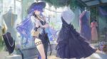  1girl black_dress black_gloves black_hat bow breasts closed_mouth dress ergouzi_echo gloves hair_between_eyes hand_up hat highres holding holding_paper holding_pen indoors jacket jewelry large_breasts long_hair looking_at_object lucilla_(wuthering_waves) mannequin paper pen purple_eyes purple_hair solo spool thighlet white_jacket wuthering_waves yellow_bow 