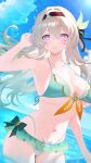  1girl alternate_costume armpits bikini blue_sky breasts brown_hairband commentary_request day firefly_(honkai:_star_rail) floating_hair green_bikini grey_hair hairband highres honkai:_star_rail honkai_(series) large_breasts ocean revision sky solo swimsuit wading yuyu25_215 