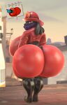3d_(artwork) alex_asora anthro armor big_breasts big_butt bimbomorph_(artist) breasts butt canid canine clothing digital_media_(artwork) female firefighter_helmet fur generation_4_pokemon headgear helmet hi_res huge_breasts huge_butt hyper hyper_breasts hyper_butt latex latex_clothing looking_at_viewer looking_back lucario mammal nintendo pokemon pokemon_(species) purple_body purple_fur pyro_(team_fortress_2) red_eyes solo taunt team_fortress_2 teasing valve