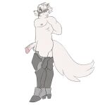 absurd_res anthro balls bodily_fluids canid canine canis fur genitals hair hands_behind_back hi_res male mammal mechanical_leg mihoyo nipples nomoreakita penis side_view simple_background solo standing sweat sweatdrop thiren von_lycaon white_background white_body white_fur white_hair wolf zenless_zone_zero
