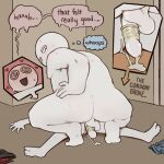  2boys @_@ after_sex alex_(homie) ass bald big_guy_(homie) black_shirt blush broken_condom clothes_on_floor colored_skin condom condom_on_penis cum cumdrip english_commentary english_text from_behind full_body highres homunculus100 male_focus multiple_boys no_nose open_mouth original penis shirt smile speech_bubble sweat testicles thought_bubble unworn_clothes used_condom white_skin yaoi 