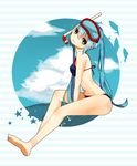  aqua_hair bikini cloud day diving_mask error green_eyes hatsune_miku long_hair looking_at_viewer navel sitting snorkel solo striped striped_bikini swimsuit twintails uomiya_naname very_long_hair vocaloid 