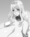  1girl bare_shoulders black_and_white blush breasts cleavage crown curvy earrings elbow_gloves gigantic_breasts gloves greyscale hand_on_chest hand_on_own_chest headdress huge_breasts jewelry long_hair magaki_ryouta mole monochrome solo tiara 