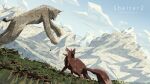 16:9 4k absurd_res aggressive ambiguous_gender attack canid canine cloud duo fangs felid feline feral fight fox fur grass grey_body grey_fur hi_res lineless looking_at_another lynx mammal might_and_delight mountain nature nature_background official_art on_hind_legs on_model open_mouth orange_body orange_fur outside perspective plant shelter_(game_series) simple_eyes sky stylized tail teeth text unknown_artist wallpaper widescreen