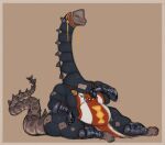 2025 anthro apron armor belly big_breasts breasts brown_tail cleavage clothed clothing colored dark_body dark_scales digital_drawing_(artwork) digital_media_(artwork) dinosaur emblem eyes_closed female gauntlets gloves hand_on_chest hand_on_leg hand_on_thigh handwear konbro long_neck multicolored_clothing neck_spikes non-mammal_breasts overweight overweight_anthro overweight_female partially_clothed prehistoric_species raised_tail red_clothing reptile ridges saurischian sauropod sauropodomorph scales scalie shaded shoulder_strap side_boob simple_background sitting smile solo spanish_flag spiked_tail spikes spikes_(anatomy) tail tan_background tassels thick_thighs white_clothing wide_hips