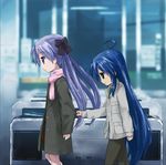  :3 ahoge bad_id bad_pixiv_id blue_eyes blue_hair company_connection fare_gate green_eyes hiiragi_kagami isou_nagi izumi_konata kyoto_animation long_hair lucky_star mole mole_under_eye multiple_girls parody purple_hair revision sleeve_tug suzumiya_haruhi_no_shoushitsu suzumiya_haruhi_no_yuuutsu train_station twintails yuri 