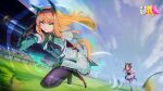  4girls absurdres animal_ears black_gloves black_pantyhose blue_sky blunt_bangs bow braid brown_hair collared_shirt commentary ear_bow ear_covers ear_ribbon english_commentary gloves green_eyes green_sailor_collar green_sleeves hairband half_up_braid highres hime_cut horse_ears horse_girl horse_racing_track horse_tail jacket long_hair long_sleeves multicolored_hair multiple_girls open_mouth orange_hair orange_tail outdoors pantyhose pleated_skirt purple_bow purple_eyes purple_ribbon purple_vest ribbon running sailor_collar shirt shoes short_hair short_sleeves silence_suzuka_(innocent_silence)_(umamusume) silence_suzuka_(umamusume) skirt sky special_week_(special_dreamer)_(umamusume) special_week_(umamusume) tail thighhighs two-tone_hair umamusume vest white_hair white_hairband white_jacket white_shirt white_skirt white_thighhighs xed_11z 