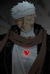  archer bandages closed_eyes dark_skin dark_skinned_male fate/stay_night fate_(series) gem jewelry male_focus necklace san_moto scarf smile solo white_hair 