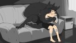 a_man_in_a_beasts_world anthro big_breasts black_sclera blue_eyes breasts canid canine canis chris_(ghilliecamo) cuddling duo facial_scar female female_anthro fur hair hi_res human interspecies lara_shepard_(ghilliecamo) licking male male/female male_human mammal muscular muscular_anthro muscular_female scar simple_background smolevn tail tongue wolf