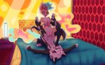4_arms absurd_res amazon_position anthro archon_(alexander_moonflower) bed bedroom blush bodily_fluids breast_grab breasts canid canid_demon canine canis cum cum_inside demon dominant dominant_female duo feet female foot_fetish foot_on_face furniture genital_fluids hand_on_breast hellaverse hellhound helluva_boss hi_res honeycomb honeycomb_(pattern) lamp lava_lamp leash male male/female mammal multi_arm multi_limb mythological_canine mythological_creature mythology nishik0x paws queen_bee-lzebub_(helluva_boss) sex size_difference slim thigh_highs_(marking) vaginal wolf