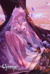  1girl absurdres bare_shoulders barefoot biguan_xiuxing_zhong breasts bridal_gauntlets bug butterfly chinese_commentary cleavage commentary_request cyrene_(demiurge)_(honkai:_star_rail) cyrene_(honkai:_star_rail) dress elbow_gloves floral_print_veil flower gloves hair_flower hair_intakes hair_ornament high_heels highres honkai:_star_rail honkai_(series) horse knees_up lace_bridal_gauntlets lake large_breasts long_hair mountain pink_hair pointy_ears purple_eyes see-through_bridal_gauntlets see-through_clothes see-through_veil shoes sitting smile solo tree unworn_shoes veil very_long_hair white_dress 