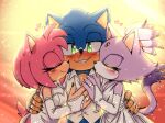 amy_rose anthro blaze_the_cat blush claws clothing digit_ring domestic_cat dress eulipotyphlan eyes_closed felid feline felis female green_eyes group hair hand_on_back hand_on_chest heart_symbol hedgehog hero hi_res hug jewelry kissing_cheek looking_at_viewer male male/female mammal polygamy ponytail princess riinity ring royalty sega smile sonic_the_hedgehog sonic_the_hedgehog_(series) sparkles suit trio wedding_dress wedding_ring