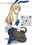 1girl adversarial_noise alternate_costume animal_ears black_pantyhose blonde_hair blue_leotard breasts commentary_request fake_animal_ears fake_tail glasses high_heels leotard long_hair looking_at_viewer pantyhose perrine_h._clostermann playboy_bunny qr_code rabbit_ears rabbit_tail simple_background sitting small_breasts solo strike_witches tail white_background world_witches_series wrist_cuffs yellow_eyes yuusha_(2_dimension) 