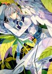  blue_eyes cardcaptor_sakura feathers leaf long_hair looking_at_viewer male_focus pants slit_pupils solo tree utagedoki very_long_hair yue_(ccs) 