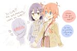  2girls ange_(angeban93) bag blue_eyes blush braid brown_coat brown_skirt character_name coat english_text flip_flappers grey_scarf highres kokomine_cocona long_sleeves looking_at_another multiple_girls open_mouth orange_hair papika_(flip_flappers) pink_bag purple_hair scarf shirt skirt speech_bubble white_shirt yuri 