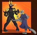 4_fingers 4_toes 5_fingers abs abstract_background adastra adastra_(series) alexios_(adastra) angry animal_genitalia anthro anubian_jackal arm_markings ballbusting balls biceps biped black_balls black_body black_clothing black_fur black_genitals black_nipples black_nose black_sheath black_tail blue_clothing bodily_fluids border bracelet bruised bruised_balls canid canine canis cape claws clothed clothed/nude clothed_anthro clothing cock_and_ball_torture collar crown deity digital_media_(artwork) domestic_cat duo echo_project eyebrows eyes_closed facial_piercing fangs feet felid feline felis fight finger_claws fingers fist flower food footwear front_view fruit fruit_ear_piercing fully_sheathed fur furgonomic_footwear furgonomics genital_torture genitals gold_(metal) gold_bracelet gold_collar gold_jewelry grape grey_body grey_fur grey_genitals grey_tail headgear hi_res jackal jewelry kick kicking_balls looking_at_another low_blow male male/male male_anthro mammal markings metal metal_collar monotone_body monotone_genitals motion_lines multicolored_body multicolored_fur muscular muscular_anthro muscular_male neferu_(adastra) nipples nose_piercing nude nude_anthro nude_male open_mouth orange_background pain paws pecs piercing pink_tongue plant plantigrade purple_clothing rear_view reddened_balls ring ring_piercing robe sandals sheath shocked shoes simple_background size_difference smile standing surprised sweat tail tattoo teeth toe_claws toes tongue tongue_out tuft two_tone_body two_tone_fur violence white_claws white_eyes wide_eyed yellow_body yellow_markings yiffy1234