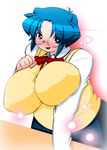  blue_eyes blue_hair blush breast_suppress breasts ciel covered_nipples glasses heart highres huge_breasts light_particles open_mouth school_uniform short_hair solo tsukihime yorisaka_yuuhei 