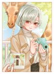  1boy 1girl absurdres aijou_rentarou blush brown_coat camera casual coat commentary day eiai_nano giraffe grey_hair hair_between_eyes highres holding holding_camera holding_photo jjum_pp kimi_no_koto_ga_dai_dai_dai_dai_daisuki_na_100-nin_no_kanojo long_hair long_sleeves looking_at_viewer low_ponytail outdoors parted_lips photo_(object) ponytail pov pov_hands railing red_eyes shirt smile turtleneck turtleneck_shirt untranslatable_commentary v white_shirt 