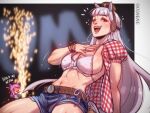 2girls animal_ears bang_dacy bead_bracelet beads belt belt_buckle bluesky_username blunt_bangs blunt_ends blush bow bra bracelet breasts brown_hat buckle camera camera_flash closed_eyes cosplay cowboy_shot denim denim_shorts drooling ear_bow english_text fireworks flying_sweatdrops gold_ship_(umamusume) hand_on_own_chest hat holding holding_camera horse_ears horse_girl horse_tail jewelry kwon_eun-bi kwon_eun-bi_(cosplay) leaning_back lips long_hair looking_at_viewer medium_breasts mejiro_mcqueen_(umamusume) messy_hair midriff multiple_girls multiple_rings navel notice_lines open_mouth outside_border pillbox_hat pink_eyes plaid_clothes plaid_shirt puffy_short_sleeves puffy_sleeves purple_hair raised_inner_eyebrows real_life ring shiny_skin shirt short_sleeves shorts solo_focus sweat tail teeth toned toned_female tongue umamusume underwear upper_teeth_only very_long_hair white_bra white_hair 