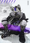 2020 absurd_res anthro arknights black_hair bottomwear claws clothed clothing ear_piercing english_text eyebrow_piercing facial_piercing feet footwear grey_body hair hi_res hyena hypergryph jacket looking_at_viewer male mammal markings multicolored_hair open_clothing open_jacket open_topwear piercing shoes siambei soles solo spot_(arknights) spots spotted_body spotted_hyena studio_montagne text topwear two_tone_hair url