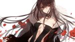  1girl bare_shoulders bison_cangshu brown_hair consort_yu_(fate) earrings fate/grand_order fate_(series) flower fur_trim highres jewelry long_hair looking_at_viewer navel red_eyes revealing_clothes simple_background solo white_background 