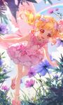  1girl aikatsu! aikatsu!_(series) anklet bare_arms blonde_hair bow bowtie brown_sandals bug butterfly cloud collarbone commission day dress dress_bow fairy_wings flower footwear_bow frilled_thigh_strap glowing_butterfly gold_necklace grass hair_bow highres hoshimiya_ichigo jewelry leaning_forward mihuashi_commission necklace open_mouth outdoors pink_bow pink_bowtie pink_dress pink_wings pom_pom_(clothes) purple_flower rainbow red_eyes sandals shibaziliangliang short_dress sky sleeveless sleeveless_dress smile solo thigh_strap too_many_watermarks twintails watermark wings 
