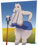 2_horns absurd_res anthro areola areola_slip big_breasts biped blue_clothing blue_overalls border bovid breast_squish breasts caprine cleavage clothed clothing clothing_between_breasts detailed_background eyebrows eyelashes female floppy_ears gardening_tool glistening glistening_body goat hand_on_hip hand_on_own_hip hi_res horn huge_breasts leaning leaning_forward long_eyelashes looking_at_viewer lop_ears mammal mature_female mr_dark_and o-ring outside overalls overalls_only pink_areola pupils red_eyes sagging_breasts signature smile smiling_at_viewer solo squish thick_thighs toriel undertale_(series) white_body white_border wide_hips