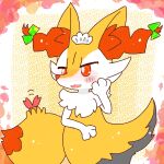 1:1 2022 accessory ambiguous_anthro ambiguous_gender annyui0611 anthro biped blush blush_stickers bow_ribbon braixen canid digital_drawing_(artwork) digital_media_(artwork) dipstick_tail flustered food generation_6_pokemon hair_accessory hair_bow hair_ribbon half-length_portrait hand_on_cheek hi_res japanese_description mammal markings nintendo object_in_tail open_:3 open_mouth open_smile pokemon pokemon_(species) portrait ribbons shrimp_(food) smile snout solo standing tail tail_markings translated_description