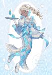  1girl aburage_(motimotigg20) blonde_hair blue_eyes blue_theme blush boots bow cherry clothing_cutout dark-skinned_female dark_skin drink earrings food frills fruit full_body glass gloves hairband head_tilt high_heels high_ponytail highres holding holding_tray ice_cream ice_cream_float jewelry knee_boots lace_skirt lips long_hair long_skirt mole mole_under_eye original parted_bangs parted_lips pearl_earrings pearl_hair_ornament pink_lips ponytail puffy_short_sleeves puffy_sleeves see-through_clothes see-through_skirt short_sleeves shoulder_cutout skirt solo tray wavy_hair 