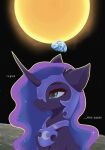 1_horn absurd_res blue_hair dialogue digital_drawing_(artwork) digital_media_(artwork) earth english_text equid equine eyelashes female female_feral feral friendship_is_magic frown hair hasbro hi_res highlights_(coloring) horn krita_(artwork) mammal mixed_media moon my_little_pony mythological_creature mythological_equine mythology nightmare_moon_(mlp) nnalyart paintstorm_(artwork) photography_(artwork) planet purple_body purple_highlights purple_horn quadruped shaded side_view sigh solo sparkles sparkling_hair spiral_horn sun teal_eyes text unicorn