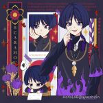  1boy absurdres ayacchirin black_sweater blue_hair blunt_ends chibi closed_mouth feathers genshin_impact headphones headphones_around_neck highres jewelry long_sleeves male_focus multicolored_sweater multiple_views necklace purple_eyes scaramouche_(genshin_impact) short_hair smile sweater tongue tongue_out 