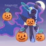 1:1 1_horn absurd_res armor blue_hair blue_hooves blue_tail candy crescent_moon dessert dialogue digital_drawing_(artwork) digital_media_(artwork) english_text equid equine eyelashes eyes_closed eyeshadow feathered_wings feathers female female_feral feral food friendship_is_magic glowing glowing_horn gradient_background hair halloween hasbro headgear helmet hi_res highlights_(coloring) holidays hooves horn krita_(artwork) magic makeup mammal moon mouth_hold my_little_pony mythological_creature mythological_equine mythology nightmare_moon_(mlp) nnalyart paintstorm_(artwork) paper pumpkin_bucket purple_background purple_body purple_eyeshadow purple_highlights purple_horn purple_wings quadruped shaded simple_background smile solo sparkles sparkling_hair spiral_horn tail tape text winged_unicorn wings