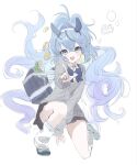  1girl bag black_skirt blue_bow blue_bowtie blue_eyes blue_hair blush bow bowtie cardigan chips_(food) coin commentary_request fang food full_body grey_cardigan hair_between_eyes highres korean_commentary limu838 long_hair looking_at_viewer loose_socks on_one_knee open_mouth original pointing pointing_at_viewer potato_chips school_bag school_uniform simple_background sketch skin_fang skirt socks solo very_long_hair white_background white_socks 