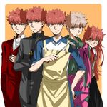  4boys apron cross emiya_shirou fate/stay_night fate_(series) formal genderswap genderswap_(mtf) homurahara_academy_uniform kotomine_shirou_(fanfic) ladle multiple_boys multiple_persona raglan_sleeves red_hair ribbon school_uniform suit warakusa white_hair yellow_eyes 