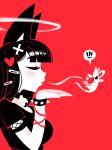 ! !! 1girl andaerz animal_ears bell black_hair black_shirt blowing blowing_kiss blunt_bangs blush bracelet breasts cat_ears cat_girl cat_girl_(andaerz) closed_eyes collar cross cross_hair_ornament fishnet_sleeves fishnets hair_ornament hairclip halo heart heart_hair_ornament highres jewelry large_ears limited_palette long_hair medium_breasts mouse_(animal) neck_bell original red_background shirt solo speech_bubble spiked_bracelet spiked_collar spikes t-shirt 