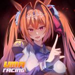  1girl absurdres animal_ears blue_bow blue_jacket bow breasts brown_hair center_frills daiwa_scarlet_(peak_blue)_(umamusume) daiwa_scarlet_(umamusume) epaulettes fang frills hair_intakes hand_up highres horse_ears horse_girl index_finger_raised jacket large_breasts long_hair long_sleeves looking_at_viewer open_mouth red_eyes shirt skin_fang solo tiara twintails umamusume very_long_hair white_shirt xed_11z 