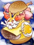 2022 ambiguous_anthro ambiguous_gender annyui0611 anthro biped blush braixen bread burger canid cheese cloud dairy_products digital_drawing_(artwork) digital_media_(artwork) digitigrade dipstick_tail egg food front_view generation_6_pokemon hi_res japanese_description lying mammal markings meat micro nintendo on_front open_:3 open_mouth open_smile pokemon pokemon_(species) shrimp_(food) simple_background sky smile snout solo sparkles tail tail_markings three-quarter_view translated_description
