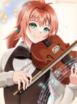  1boy antenna_hair beamed_eighth_notes bow bow_(music) bowtie brown_bow brown_bowtie closed_mouth collared_shirt commentary_request eighth_note eiyuu_densetsu elliot_craig formal_clothes green_eyes hair_intakes highres holding holding_bow_(music) holding_instrument holding_violin instrument long_hair looking_at_viewer male_focus mitchellsbear musical_note orange_hair playing_instrument ponytail sen_no_kiseki_(series) sen_no_kiseki_iii shirt smile solo twitter_username upper_body vest violin waistcoat white_shirt 