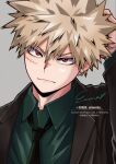  1boy alternate_costume bakugou_katsuki black_jacket black_necktie blonde_hair boku_no_hero_academia closed_mouth collared_shirt commentary_request double-parted_bangs earrings esora-arts formal_clothes green_shirt grey_background hair_between_eyes highres jacket jewelry lapels long_sleeves looking_at_viewer male_focus necktie notched_lapels piercing red_eyes sanpaku scar scar_on_cheek scar_on_face shirt short_hair signature simple_background solo spiked_hair suit_jacket twitter_username upper_body watermark wing_collar 
