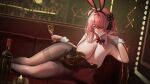  1girl absurdres alcohol alternate_costume animal_ears armpits bare_shoulders blush bottle bow breasts candle cleavage commentary couch cup detached_collar drinking_glass fake_animal_ears flower_knot hair_ornament highres holding holding_cup huge_breasts leotard looking_at_viewer lying medium_hair nanaken_nana on_side pantyhose pink_hair playboy_bunny purple_eyes rabbit_ears red_hair sagging_breasts sidelocks solo strapless strapless_leotard taoqi_(wuthering_waves) tassel thighband_pantyhose wine wine_bottle wine_glass wrist_cuffs wuthering_waves 