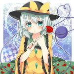  blush eyeball flower green_eyes green_hair hair_ribbon hat heart heart_of_string komeiji_koishi petals red_flower red_rose ribbon rose short_hair skirt solo sun_hat third_eye touhou yuria_(kittyluv) 