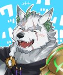  1boy animal_ears armor blue_background braid commentary_request cross_scar fangs furry furry_male highres ioenami live_a_hero male_focus multiple_scars norbrand_(live_a_hero) open_mouth pauldrons scar scar_across_eye scar_on_cheek scar_on_face scar_on_mouth shoulder_armor single_pauldron sound_effects upper_body wolf_boy wolf_ears 