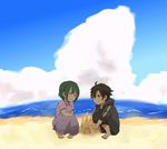  1girl barefoot beach black_hair child fate/zero fate_(series) green_hair highres hood hoodie matou_kariya sand_castle sand_sculpture short_hair toosaka_aoi xxxmonday younger 