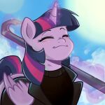 1:1 clothing cloud crowbar equid equine excuse_me_sir_(meme) eyes_closed female feral friendship_is_magic glowing glowing_horn hasbro horn mammal meme my_little_pony mythological_creature mythological_equine mythology rookiecrash smile solo sweater telekinesis tools topwear twilight_sparkle_(mlp) winged_unicorn wings