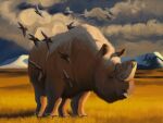 2025 4:3 agustindiazart ambient_bird ambiguous_gender cloud elasmotherium feral fur grass grey_body grey_cloud grey_fur hi_res horn mammal mountain nature outside plant quadruped rhinoceros sky