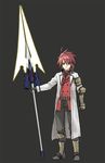  alternate_hairstyle bad_id bad_pixiv_id belt blue_eyes boots buckle coat erio_mondial gauntlets gloves lyrical_nanoha mahou_shoujo_lyrical_nanoha_strikers male_focus polearm red_hair shirogane_(fox) single_glove solo spear strada weapon 